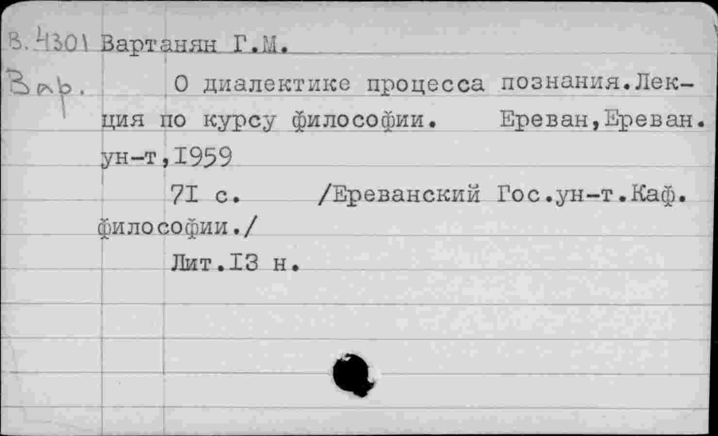 ﻿О диалектике процесса познания.Лекция по курсу философии. Ереван,Ереван, ун-т,1959
71 с. /Ереванский Гос.ун-т.Каф. философии./
Лит.13 н.